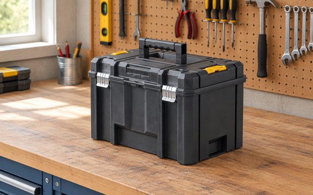 DEWALT TSTAK deep tool box, on a garage workbench, pegboard with hand tools behind