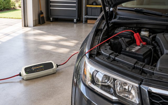 CTEK MXS 5.0 charger, on the floor of a clean garage, its clamps on the battery of an SUV with the hood open