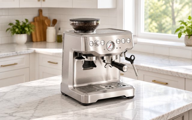 Brushed stainless espresso machine with a bean hopper on a white marble counter in a bright kitchen with white shaker cabinets