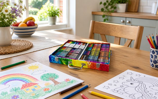 Crayola art case, open on a kitchen table in a bright British family home, colouring pages and drawings beside it
