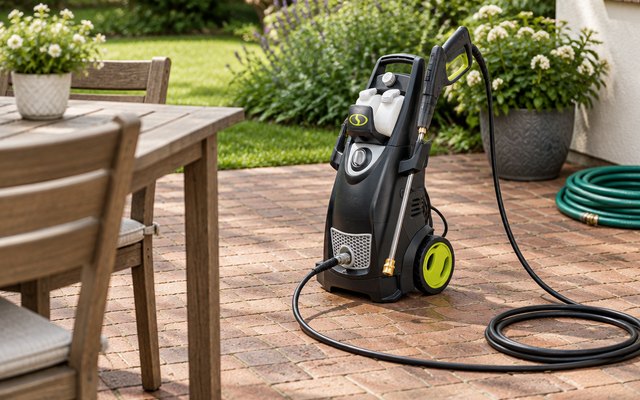 Electric pressure washer, on a brick patio beside a garden hose and patio furniture