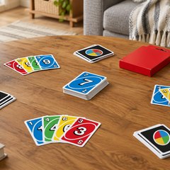 Colourful number cards dealt on a coffee table for a family card game