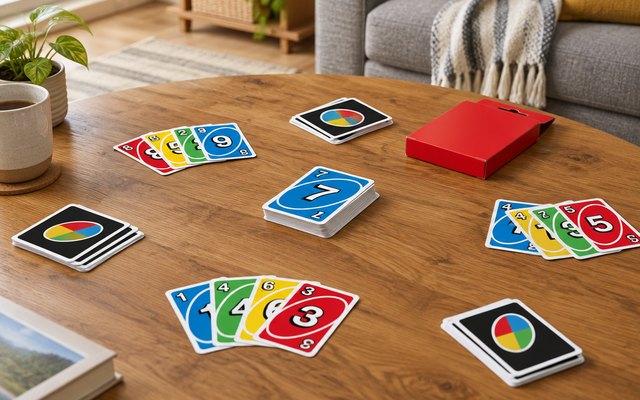 Colourful number cards dealt on a coffee table for a family card game