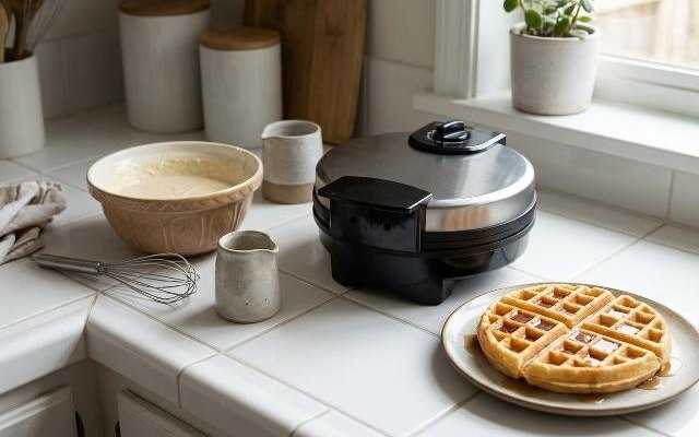 Round stainless Belgian waffle maker on a white tiled counter beside a bowl of batter
