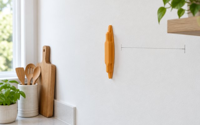 StudBuddy magnetic stud finder, stuck to a white kitchen wall next to a pencil mark where a shelf will go