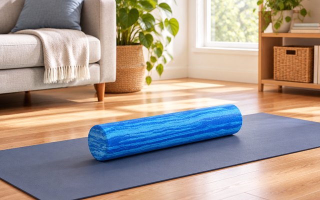 OPTP PRO-Roller soft foam roller, lying on a yoga mat on the hardwood floor of a sunlit living room