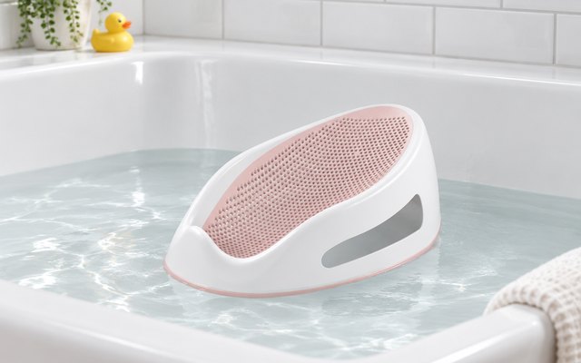 Angelcare Baby Bath Support, resting in a few inches of water in a white bathtub, white subway tile behind and a rubber duck on the ledge