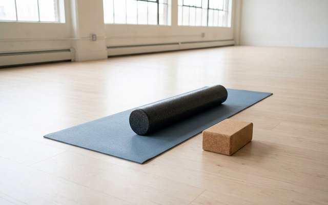 Long black foam roller lying along a blue exercise mat in a bright yoga studio, a cork block beside it