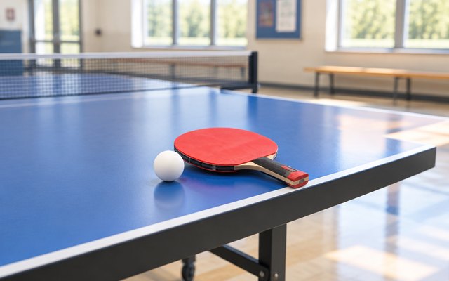 STIGA Pro Carbon+ paddle, on the edge of a blue table in a bright community rec center