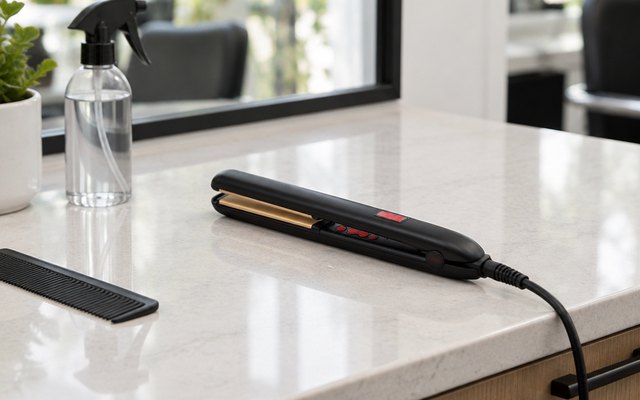 CHI G2 flat iron, on a clean salon station counter beside a spray bottle and a comb