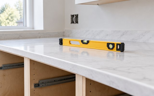 DEWALT 24-inch level, lying on a new kitchen countertop being installed, open base cabinets below