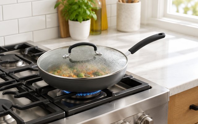 T-Fal Ultimate frying pan, on a gas range in a bright American kitchen