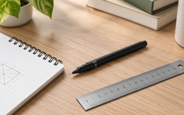 uni PIN fine line pens, on a student's desk beside a notebook and a ruler