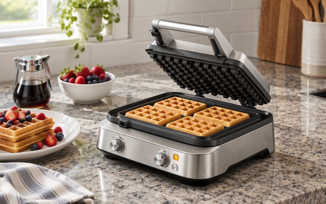 4-slice square waffle maker, on a granite countertop in a family kitchen, lid open with four square golden waffles