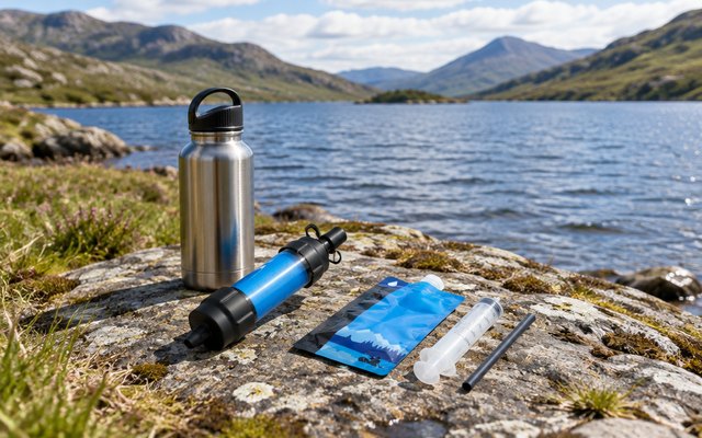 Mini water filter, on a flat stone by a Scottish loch beside a steel water bottle