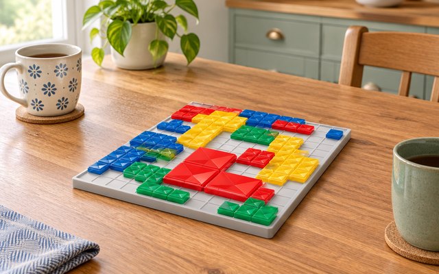 A game of coloured interlocking tiles on a grid board, on a kitchen table