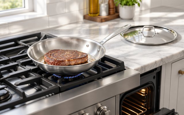 All-Clad D3 stainless steel fry pan, on a stovetop beside an open oven, its lid resting on the counter beside it