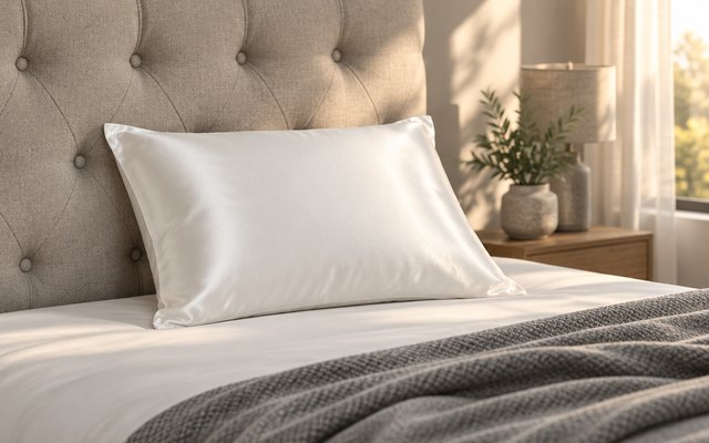 Fishers Finery silk pillowcase, on a bed with a tufted headboard and a gray throw in late afternoon light