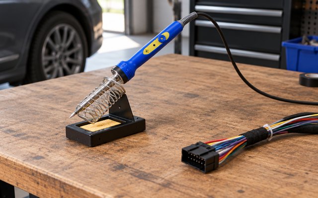 Hakko FX601 soldering iron, resting in a simple stand on a garage workbench beside a car audio wire harness
