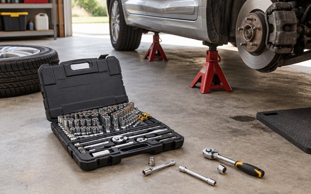 DEWALT 204-piece mechanics tool set, on a garage floor beside a car on jack stands