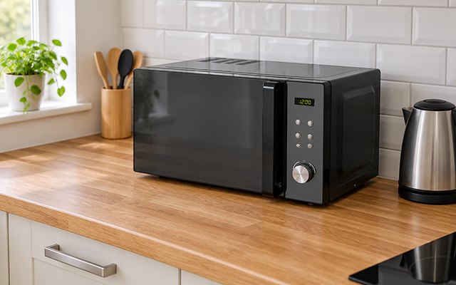 Russell Hobbs 20L microwave, on a wooden worktop in a small British kitchen beside a kettle, a white tiled splashback behind