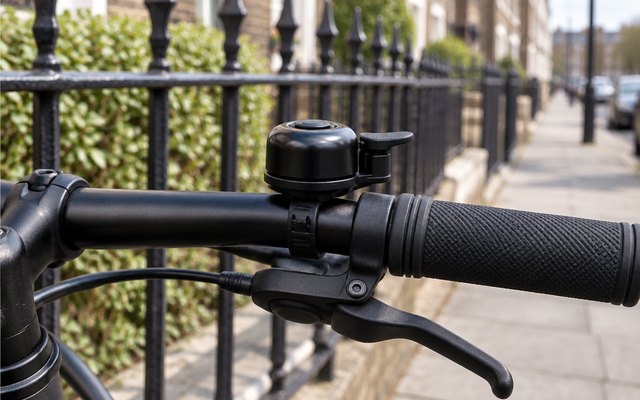 CatEye FlexTight bike bell, on a commuter bike parked by railings on a street