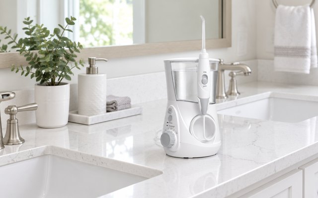 Waterpik Aquarius water flosser, on a white quartz double vanity in a bright master bathroom