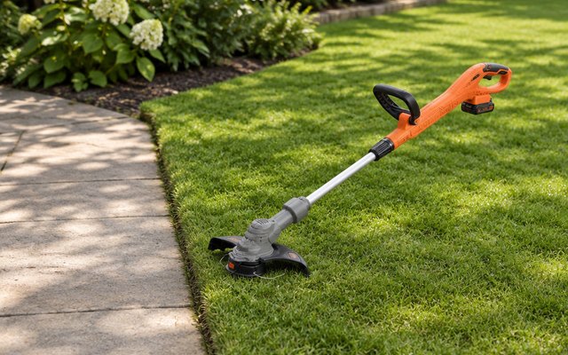 BLACK+DECKER 20V MAX String Trimmer and Edger, cordless string trimmer lying on a freshly edged lawn beside a garden path, neatly trimmed grass edge visible