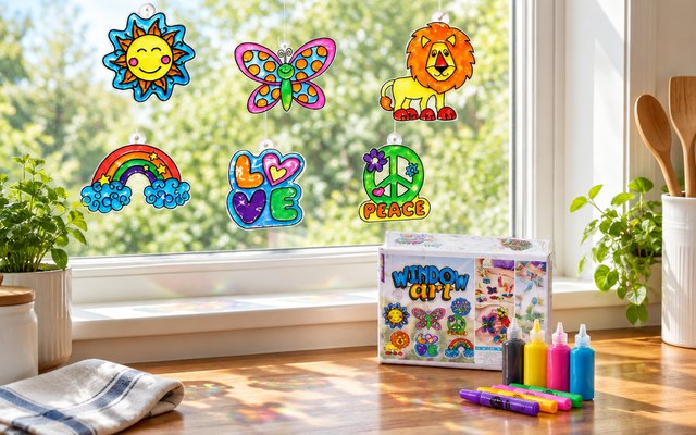 Window art suncatcher kit, a few finished suncatchers stuck on a sunny kitchen window, the paints on the windowsill