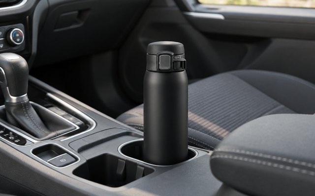 Zojirushi stainless mug, in the cup holder of a car's center console on a morning commute