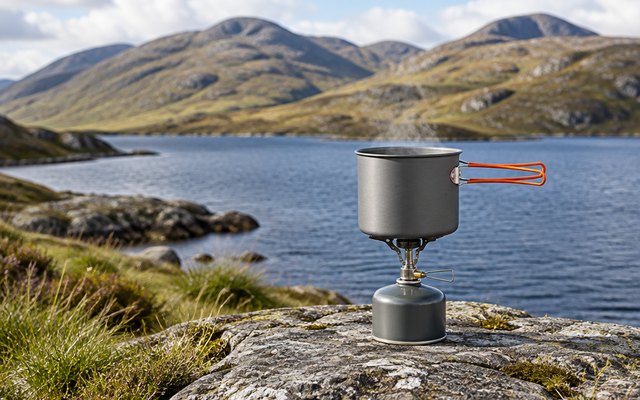 Camping cook kit, on a flat rock beside a Scottish loch, hills behind