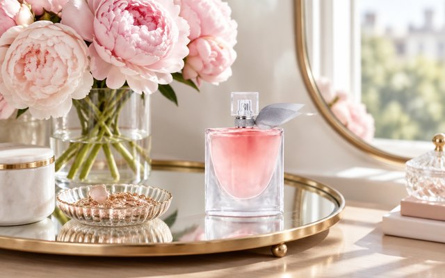 La Vie Est Belle perfume, on a dressing table beside peonies