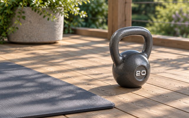 Marcy Hammertone kettlebell, on the wooden floor of a backyard deck beside a yoga mat in morning light