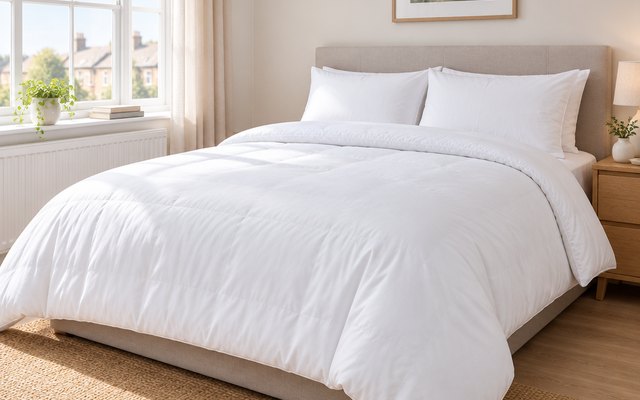 Slumberdown All Seasons duvet, on a made bed in a bright bedroom