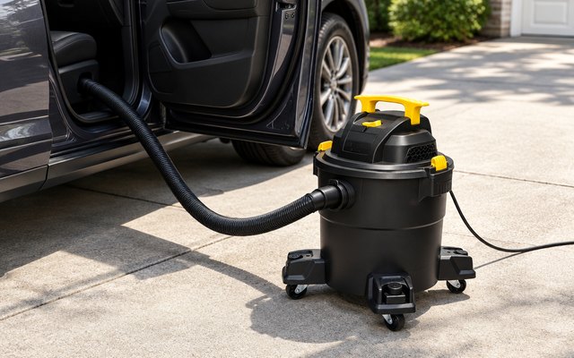 STANLEY 6-gallon wet/dry vac, on a driveway beside an open car door on a sunny day