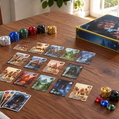 Splendor, gem tokens and cards mid-game on a dining table