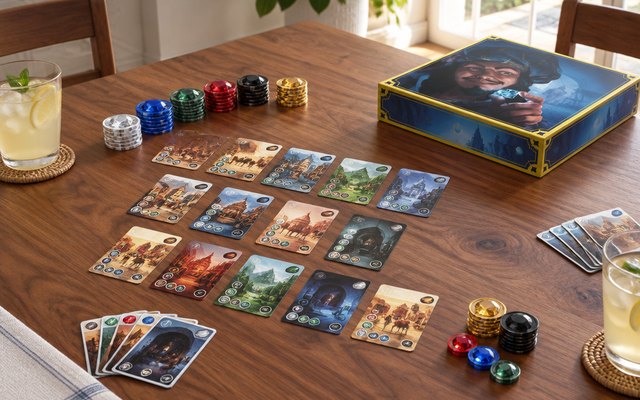 Splendor, gem tokens and cards mid-game on a dining table