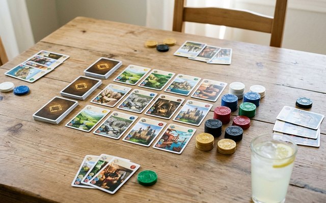Splendor, gem chips and cards mid-game on a dining table