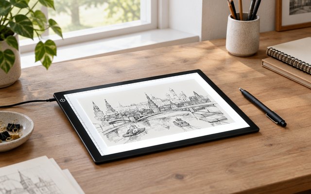 HUION L4S light pad, on an artist's desk with a sketch