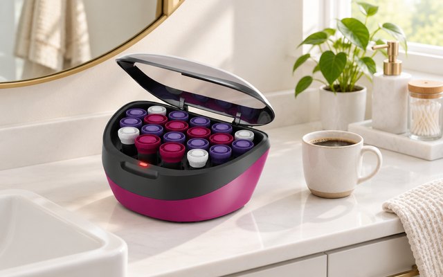 Remington Ionic hot rollers, on a white bathroom vanity in the morning beside a cup of coffee