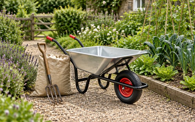 Galvanised wheelbarrow with red handles, in a garden beside a sack of compost