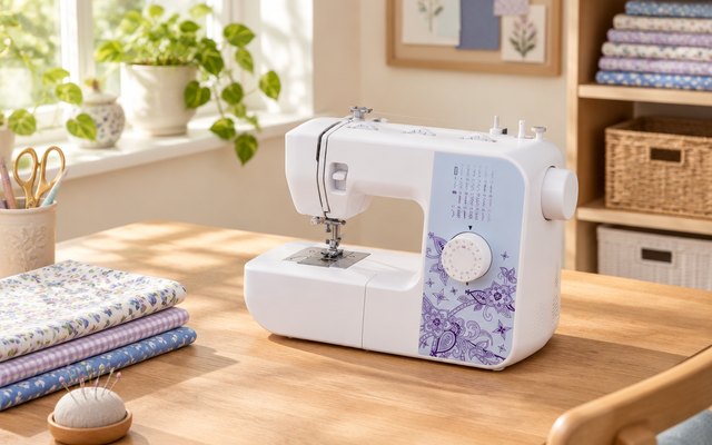 Brother XM2701 sewing machine, on a wooden desk in a sunny craft room with folded cotton fabric beside it