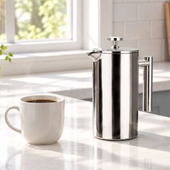 Stainless steel French press on a white quartz kitchen counter beside a mug of black coffee, morning sun through the window
