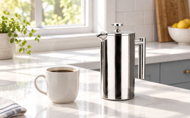 Stainless steel French press on a white quartz kitchen counter beside a mug of black coffee, morning sun through the window