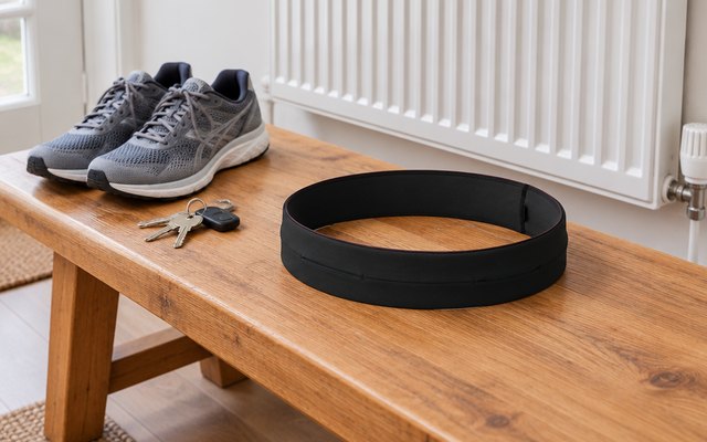 FlipBelt running belt, laid flat on a wooden hallway bench beside a pair of running trainers and a set of house keys, a white radiator on the wall behind
