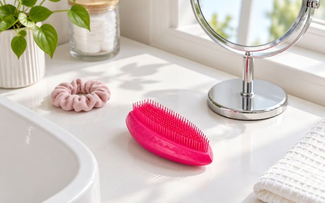 Pink palm-sized detangling brush on a bathroom vanity beside a hair tie and mirror