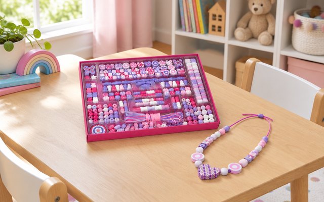 Wooden bead kit with laces, on a low kids' table in a playroom, a finished bead necklace beside its box