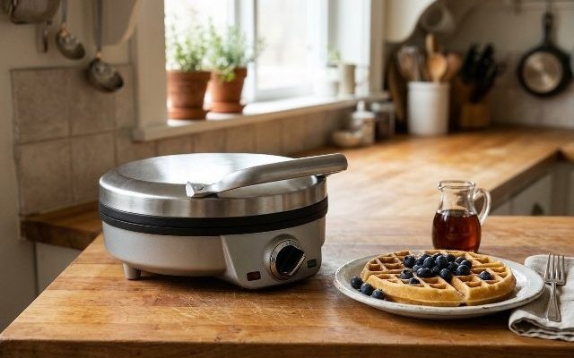 Round Belgian waffle maker, on a butcher-block counter with a waffle and maple syrup
