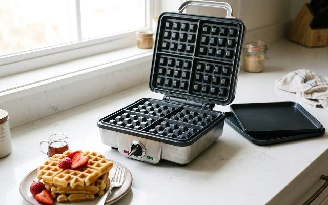 Square waffle maker with pancake plates, on a white quartz counter