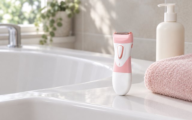 Philips SatinShave Essential, on a white bathtub ledge beside a folded towel and a bottle of body lotion
